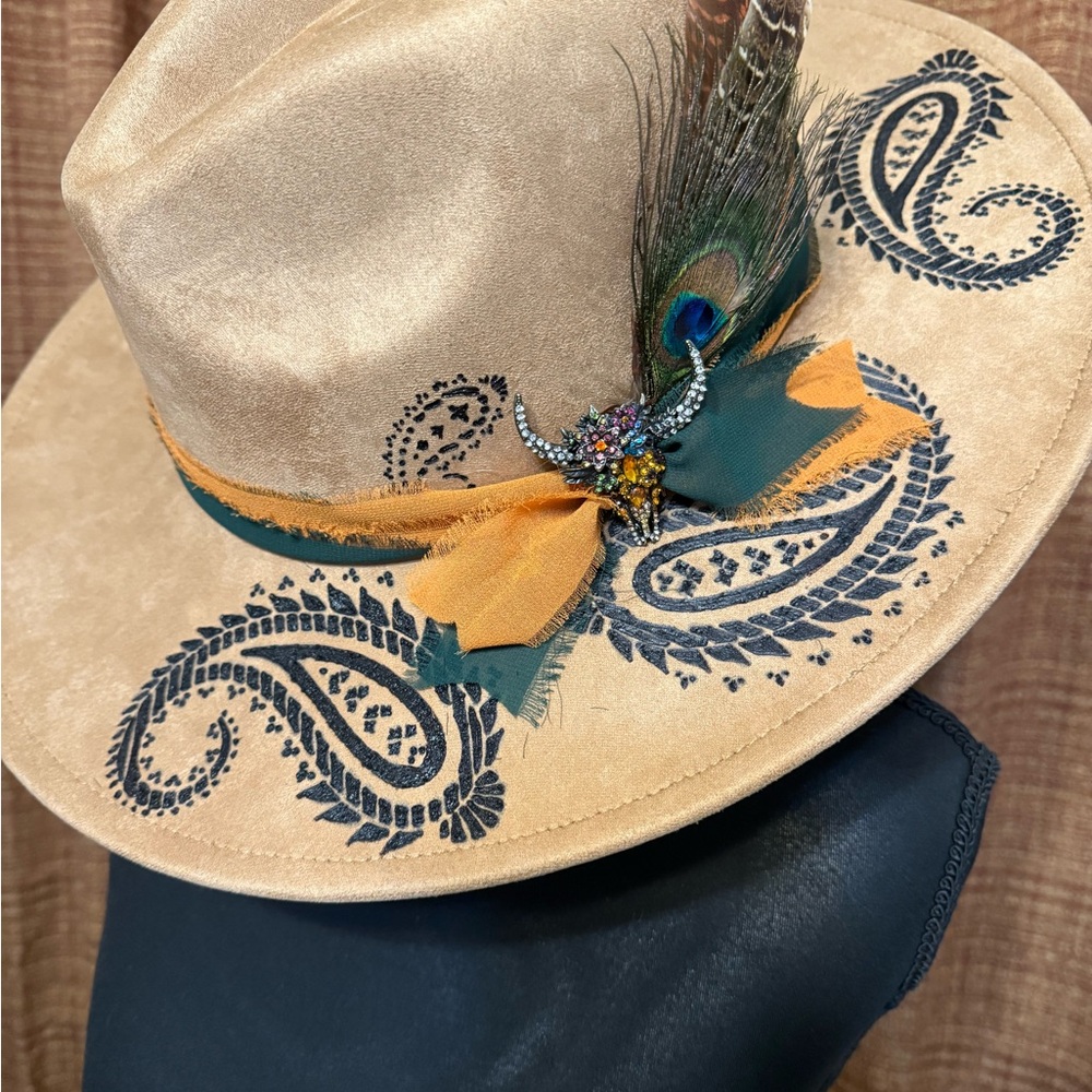 Tan Hand Burned Wide Brimmed Fedora with Paisley Design